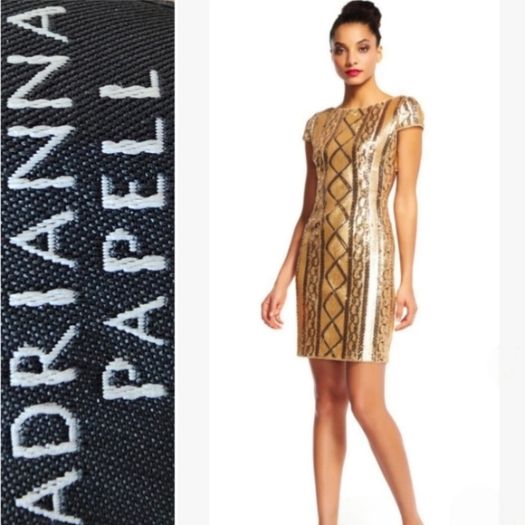 Nw Adrianna Papell Cable Knit Cap Sleeves,Gold ,Geometric Sequin Cocktail Dress - Picture 3 of 7